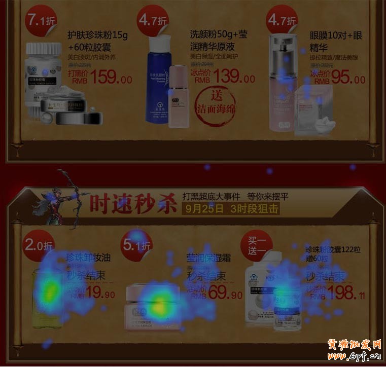 底部秒殺區塊點擊不錯，但并不給底部的產品帶來點擊，可以看到靠近區域的產品產生的點擊非常低。